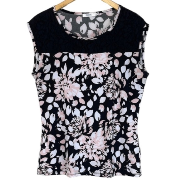 Ricki’s Floral Sleeveless Fitted Top Lace Insert Pink White Black Stretch Size M - Picture 2 of 10